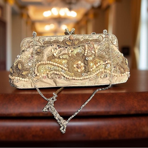 Evening bag Silk evening bag Mother of pearl ,sequence and seed beads GUC - Picture 9 of 13